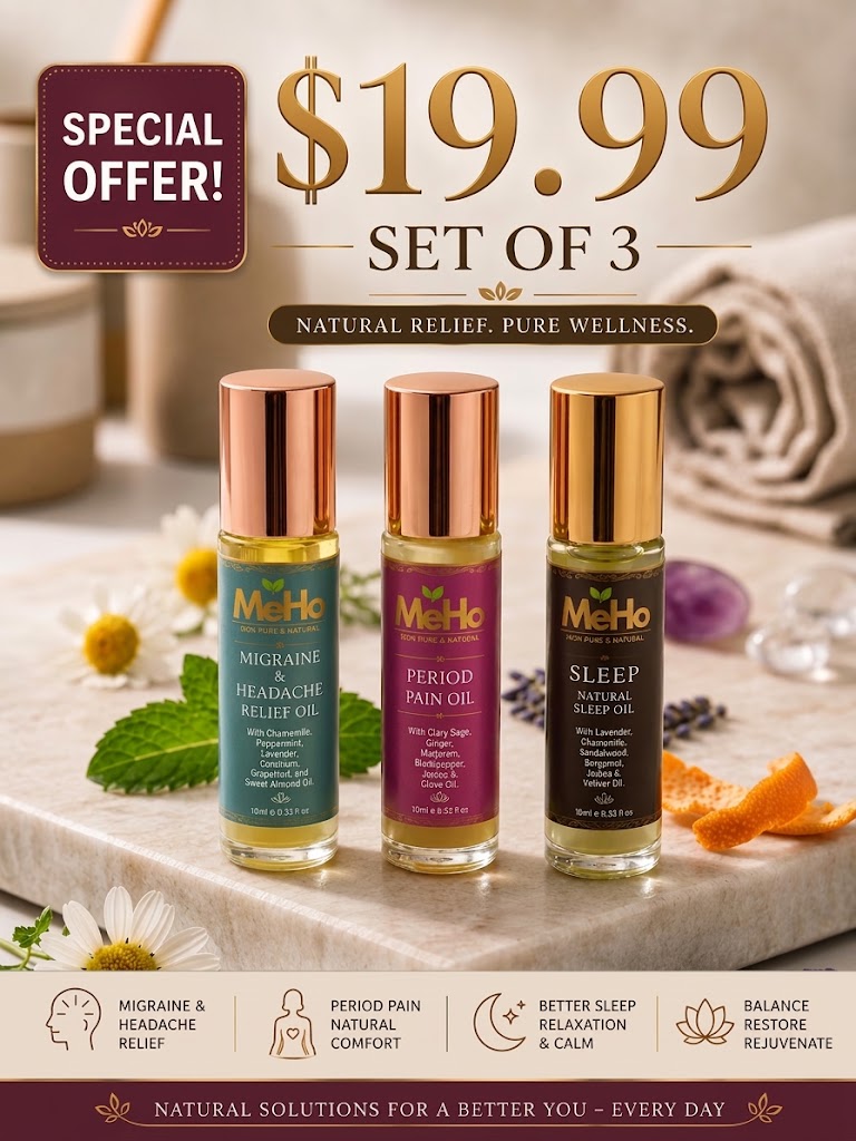 Essential Oil Roller Set of 3, Aromatherapy for Women, Migraine Relief, Cramp Comfort, Sleep Well Blend, Natural Self Care Kit-10ml each