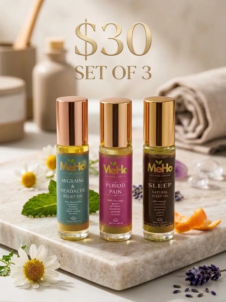 Essential Oil Roller Set of 3, Aromatherapy for Women, Migraine Relief, Cramp Comfort, Sleep Well Blend, Natural Self Care Kit-10ml each